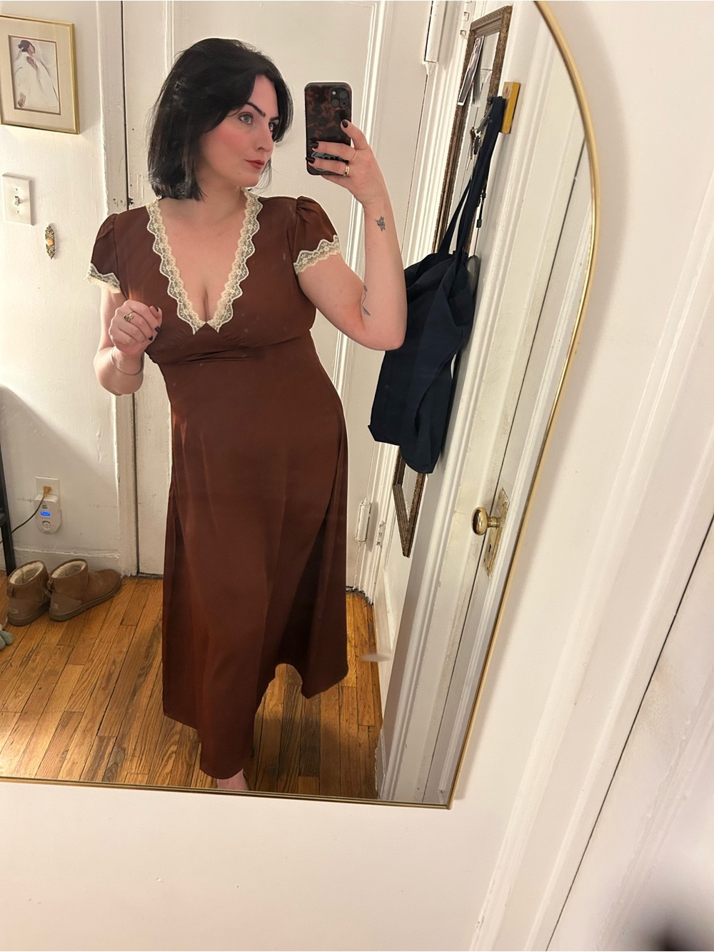 RIHOAS Brown Midi Dress with Cream Lace Trim